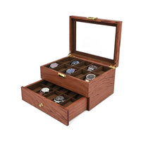 Boîte à montre en bois marron – 2 niveaux, 20 emplacements avec couvercle transparent