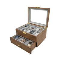 Boîte à montre en bois foncé – 2 niveaux, 20 emplacements avec couvercle transparent