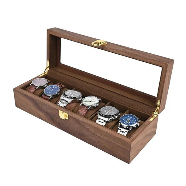 Boîte à montre en bois noyer – 6 emplacements avec couvercle transparent