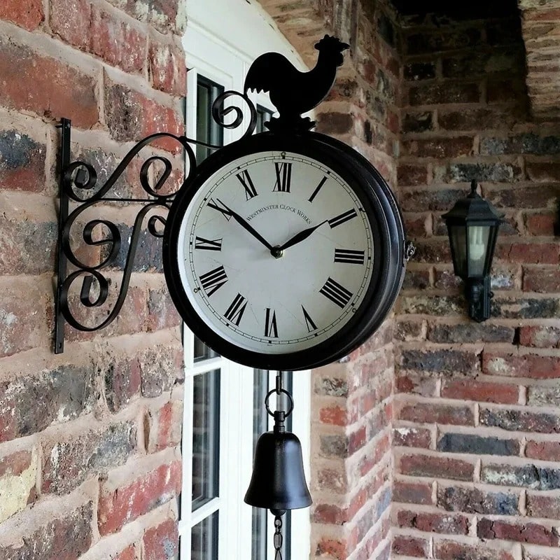 Horloge de Gare Extérieur avec Thermomètre Coq et Cloche - 47cm